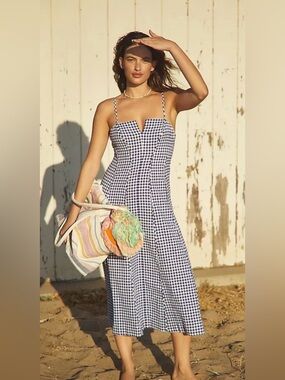 Anthropologie Gingham Spaghetti Strap Midi Dress in Navy & White